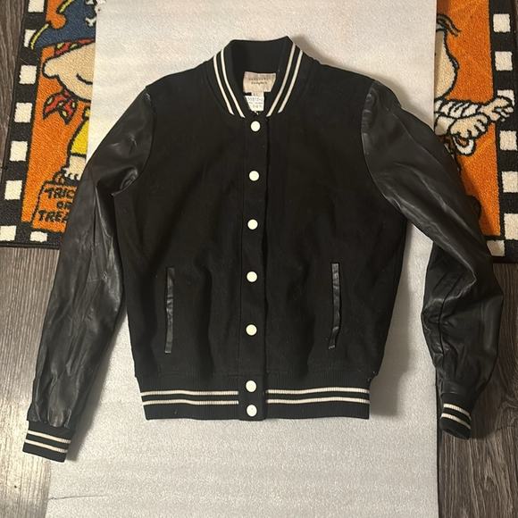 Forever 21 Faux Leather Black/White Moto Varsity Bomber Jacket S Thriller Biker - Picture 8 of 14